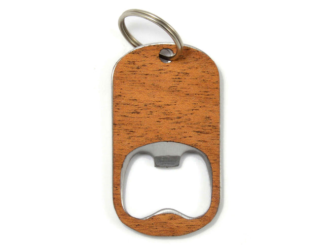 Wooden bottle opener with keychain on a white background