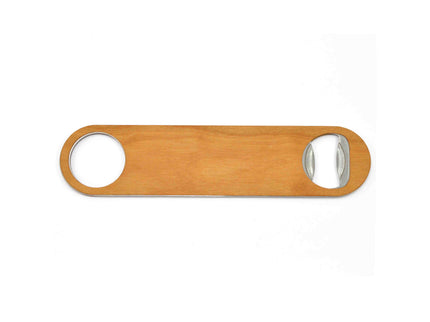Wooden bottle opener with metal components on a white background