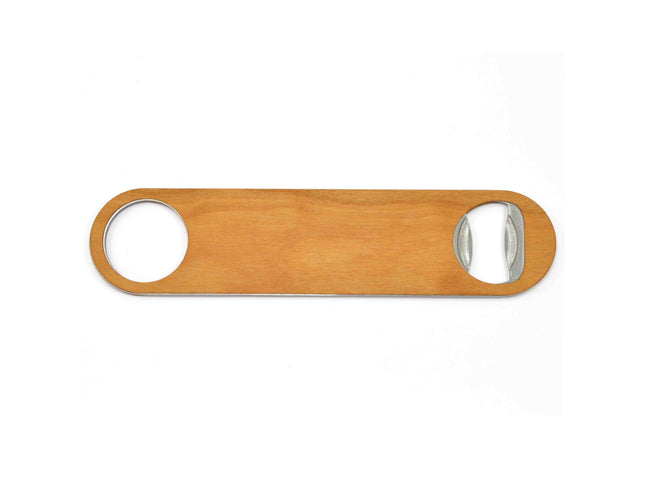 Wooden bottle opener with metal components on a white background