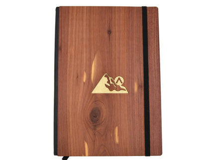 Wooden notebook with a mountain logo on a white background