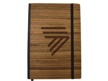 Wooden notebook with a black logo on a white background