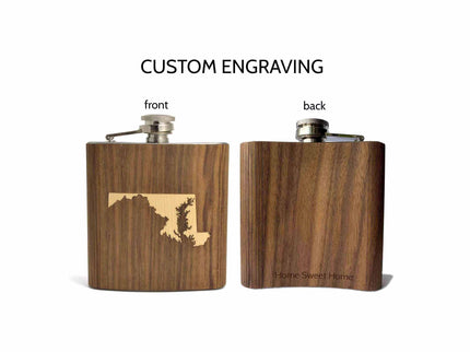 Wooden flask with engraved design on front and 'Home Sweet Home' on back, on a white background.