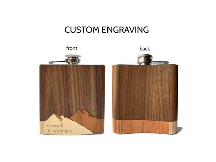 Wooden flask with engraved text 'Onward To Adventure' on a white background