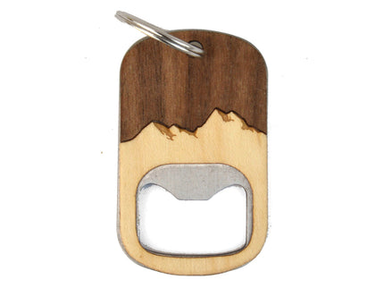 Wooden bottle opener with a key ring on a white background