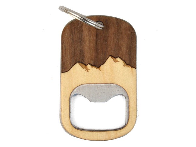 Wooden bottle opener with a key ring on a white background