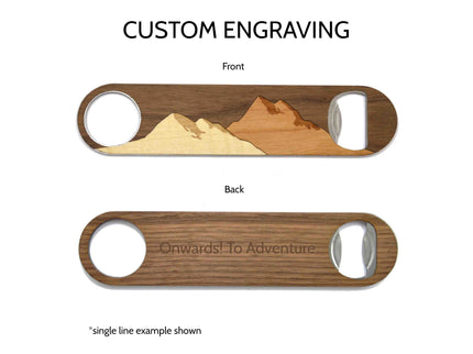 Wooden bottle opener with mountain design on front and engraved text on back, featuring 'Custom Engraving' text.