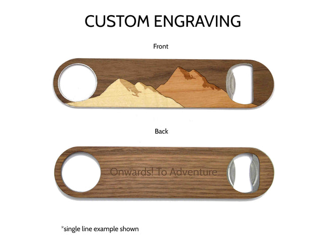 Wooden bottle opener with mountain design on front and engraved text on back, featuring 'Custom Engraving' text.