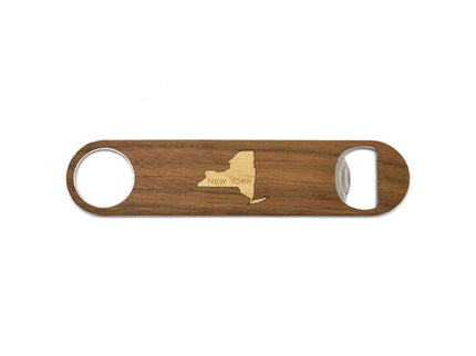 Wooden bottle opener with New York state outline on a white background