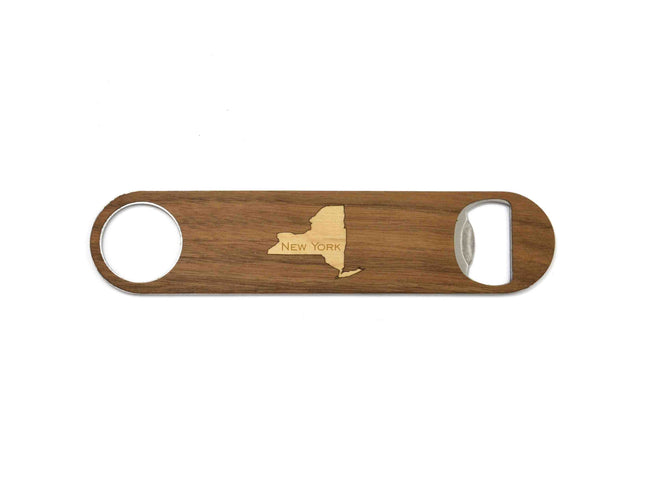 Wooden bottle opener with New York state outline on a white background