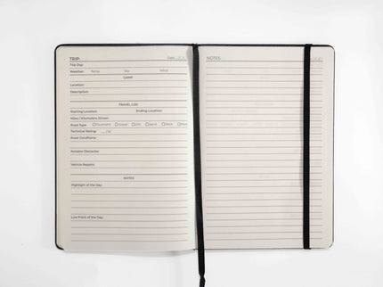 Overlanding Journal, open to show the prompted trail log pages against a white background.