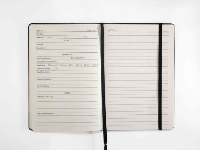 Overlanding Journal, open to show the prompted trail log pages against a white background.