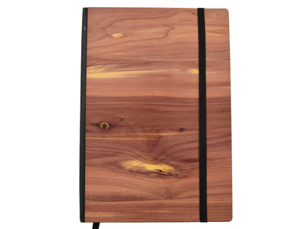 Wooden notebook with black binding on a white background