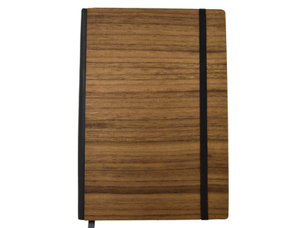 Wooden notebook with black strap on a white background