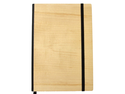 Wooden notebook with black band on a white background