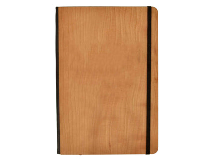 Wooden notebook with black binding on a white background