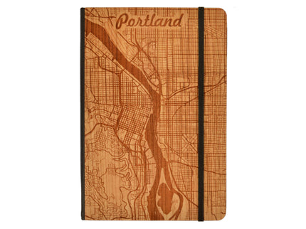 Wooden notebook with Portland map design on a white background
