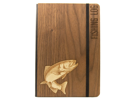 Wooden notebook with fish design and 'Fishing Log' text on a white background