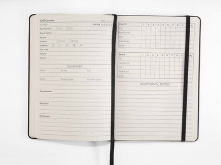 Open journal with prompted pages related to golf stats against a white background.