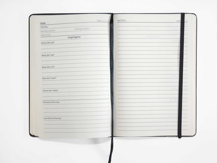 Prompted Road Trip notebook with pages open to show trip highlights and notes against a white background.