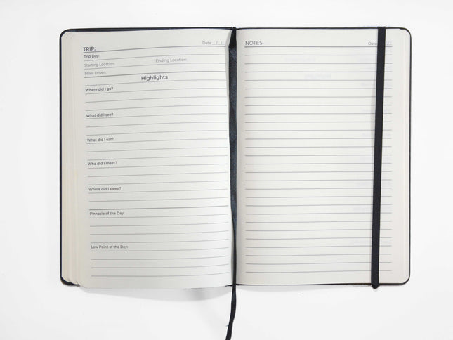 Prompted Road Trip notebook with pages open to show trip highlights and notes against a white background.
