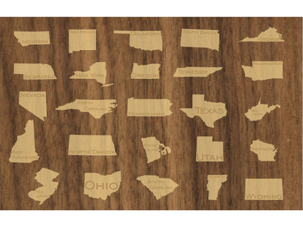 Wooden backer with cut-out shapes of U.S. states on a wooden background