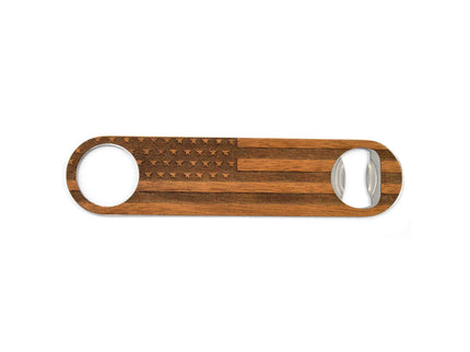 Wooden bottle opener with American flag design on a white background
