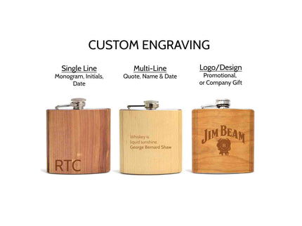 Three wooden flasks with engraved text on a white background, featuring options for custom engraving.