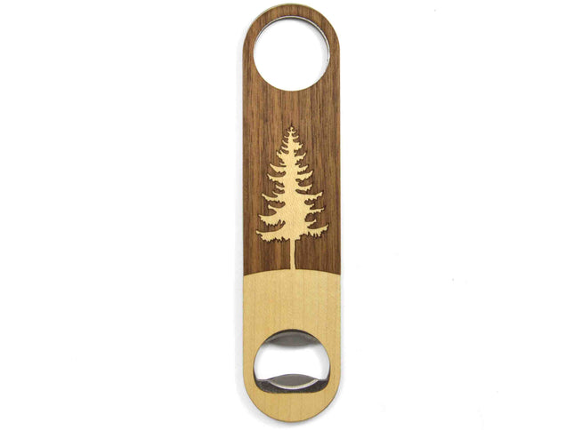 Wooden bottle opener with a tree design on a white background