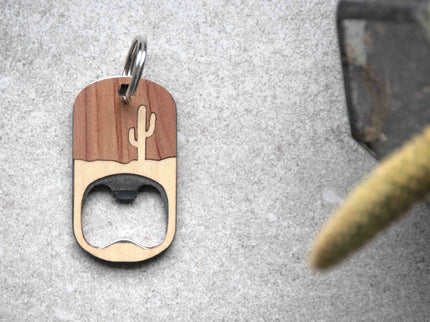 Autumn Woods Collective Handcrafted Wooden Cactus Desert Bottle Opener Keychain in Cedar and Maple
