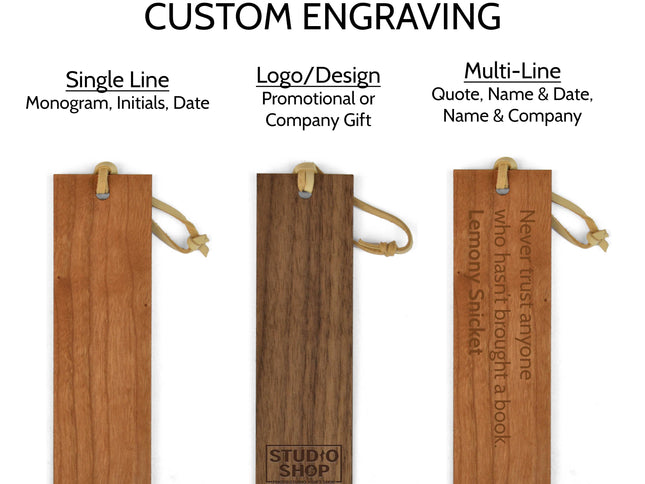 American Flag Wooden Bookmark Custom Engraving Examples showing initials, logos, and quote options - Autumn Woods Co