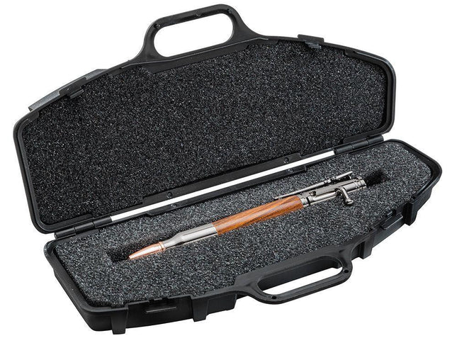 A black hard pen case with a foam interior, displaying a wood pen partially inserted into the case.