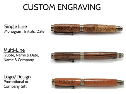custom engraving image showing three wood pens with different types of engravings: single line (names), multi-line (quotes/name and company), and logo design.