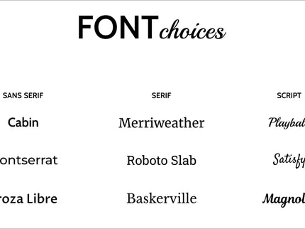 Font diagram showing all the different font choices for engravings.