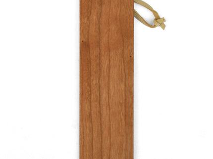 A personalized wooden bookmark with a leather loop, crafted from American Cherry hardwood, displayed against a white background.
