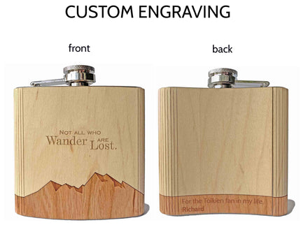 Custom engraving example for 'not all who wander are lost' flask showing 'for the tolkien fan in my life. Richard' on the back