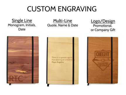 Three wood notebooks with three engraving examples shown: single line (name/initials), multi-line (quote), and logo/design.