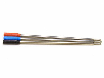 A set of pen refills with one end being orange, the middle part blue, and the other end black, all three with metallic finishes.