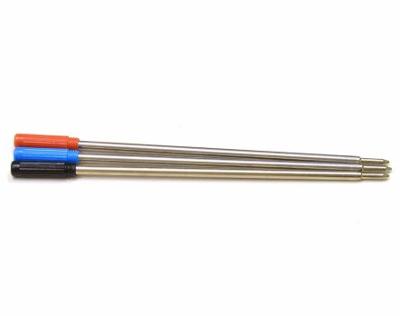 A set of pen refills with one end being orange, the middle part blue, and the other end black, all three with metallic finishes.