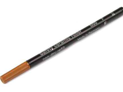 A rollerball refill pen with black and orange coloring, labeled 'Safety-Dry-Refill' and 'Made in Germany'.