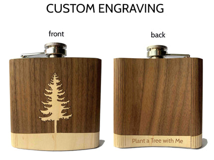 Laser cut pine tree flask with tree design on front and 'plant a tree with me' example engraving on back.